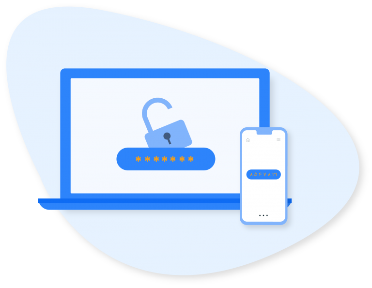 تصویر گرافیکی لپ تاپ که قفل است و گوشی که رمز پویا رو آن نمایش داده شده است